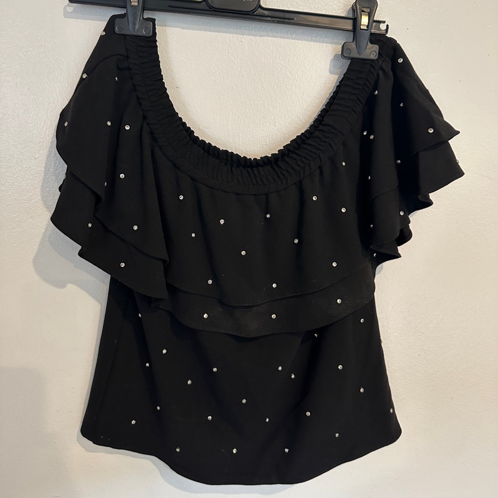 Charlotte Eskildsen off the shoulder black fringe top with jems